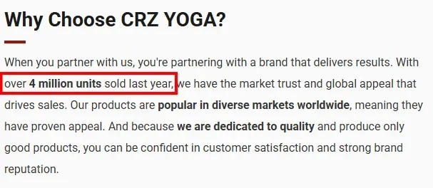 Screenshot of CRZ YOGA bulk-sales page highlighting its claim of over four million units sold last year