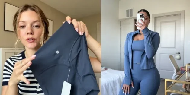 Side-by-side screenshot of a presenter holding dark leggings and a person wearing a blue activewear set