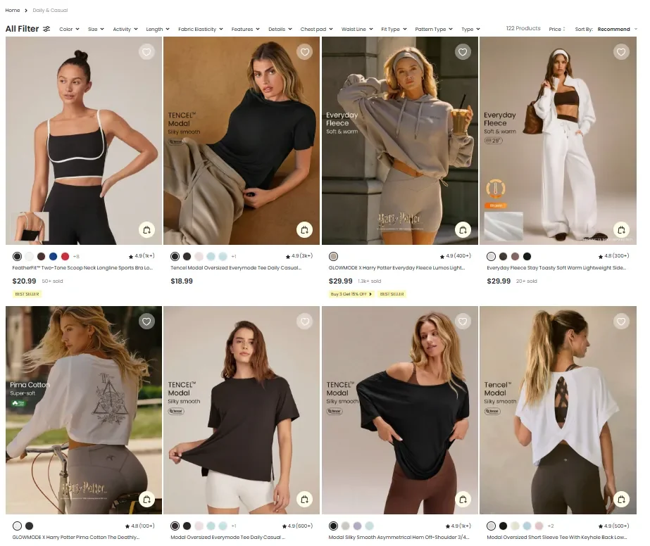 Contributor-supplied screenshot showing GLOWMODE daily and casual activewear listings