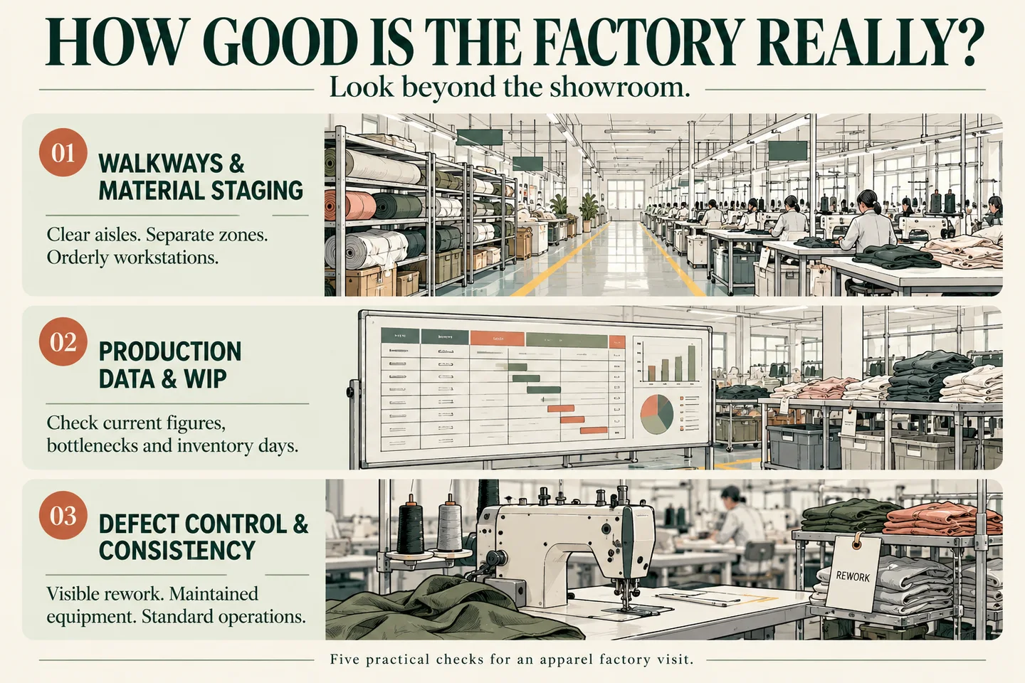 English factory visit infographic covering clear walkways, production data and WIP, defect control, maintenance and consistent operations