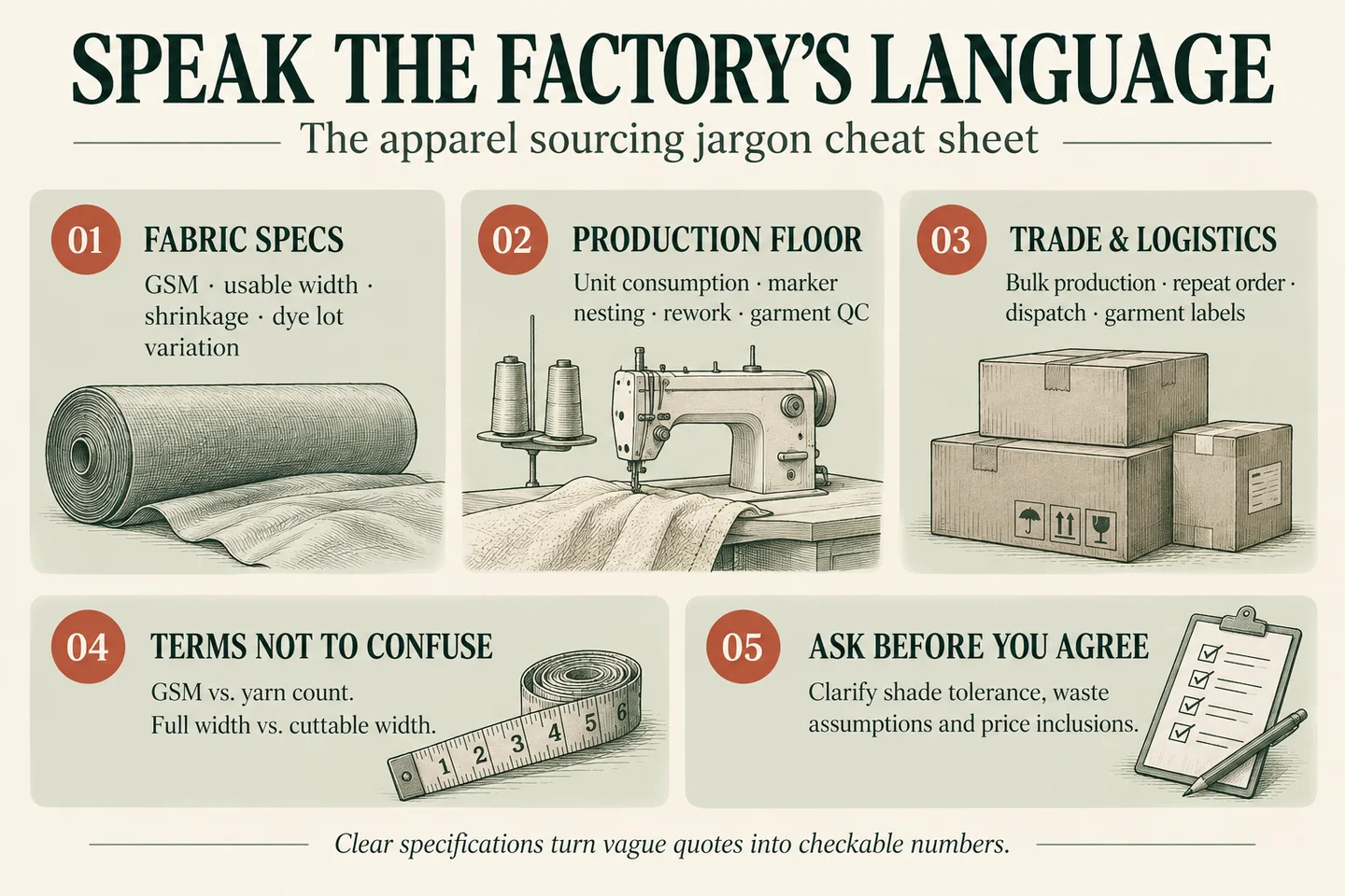 English apparel sourcing jargon infographic with five sections for fabric specs, production, trade, commonly confused terms and questions to ask factories