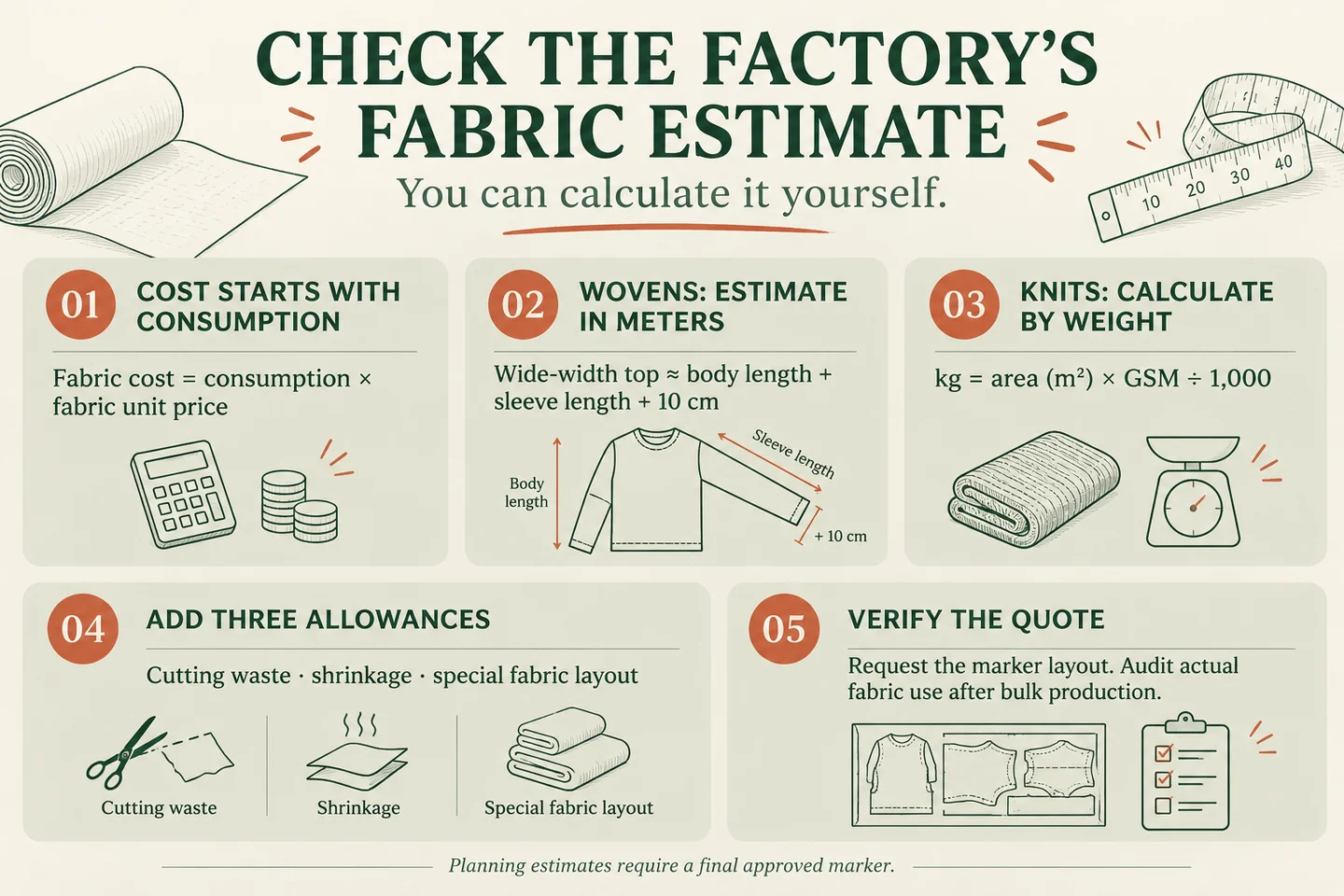 Five-step fabric consumption infographic: calculate cost, estimate woven meters, convert knit area and GSM into kilograms, add allowances, and verify the marker and actual use