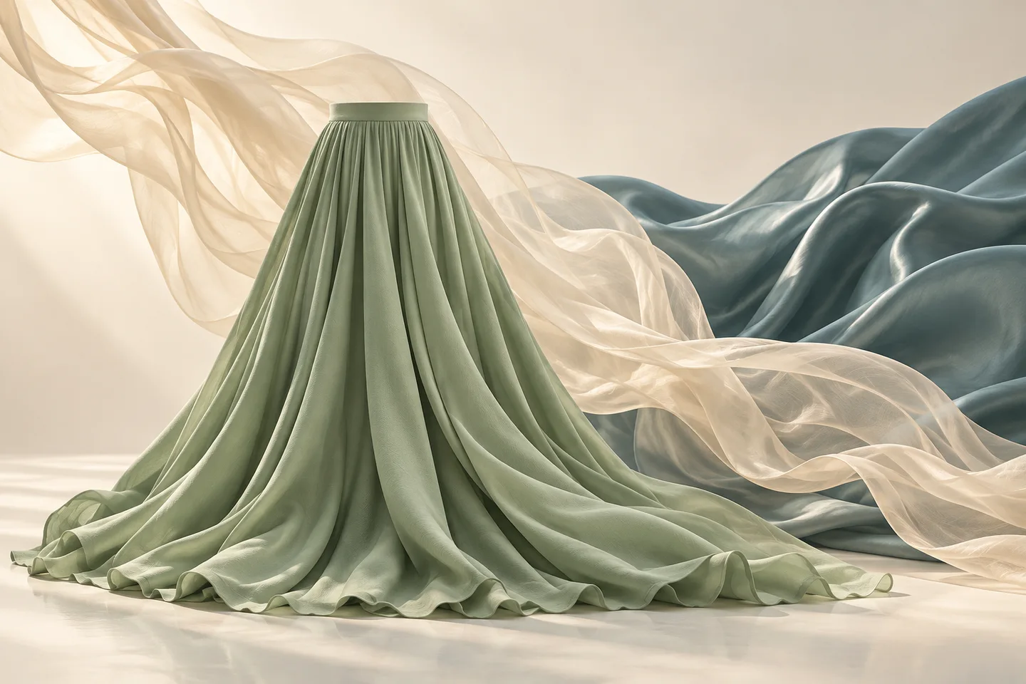 A sage green skirt falling in long folds with ivory sheer fabric and slate blue satin illustrating different drape effects