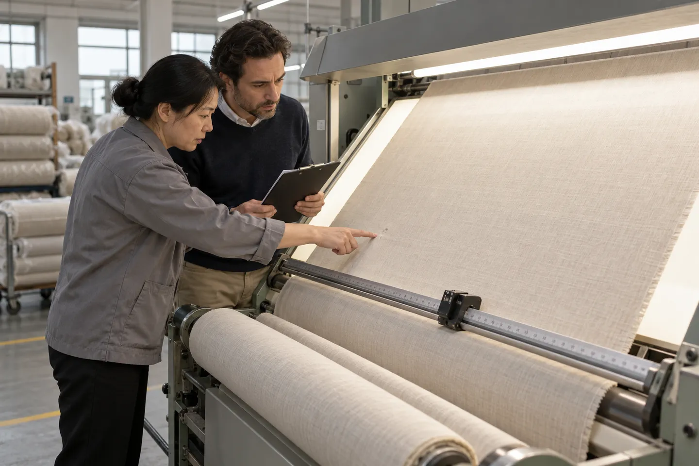 A factory worker and customer inspect beige fabric together on an illuminated fabric inspection machine