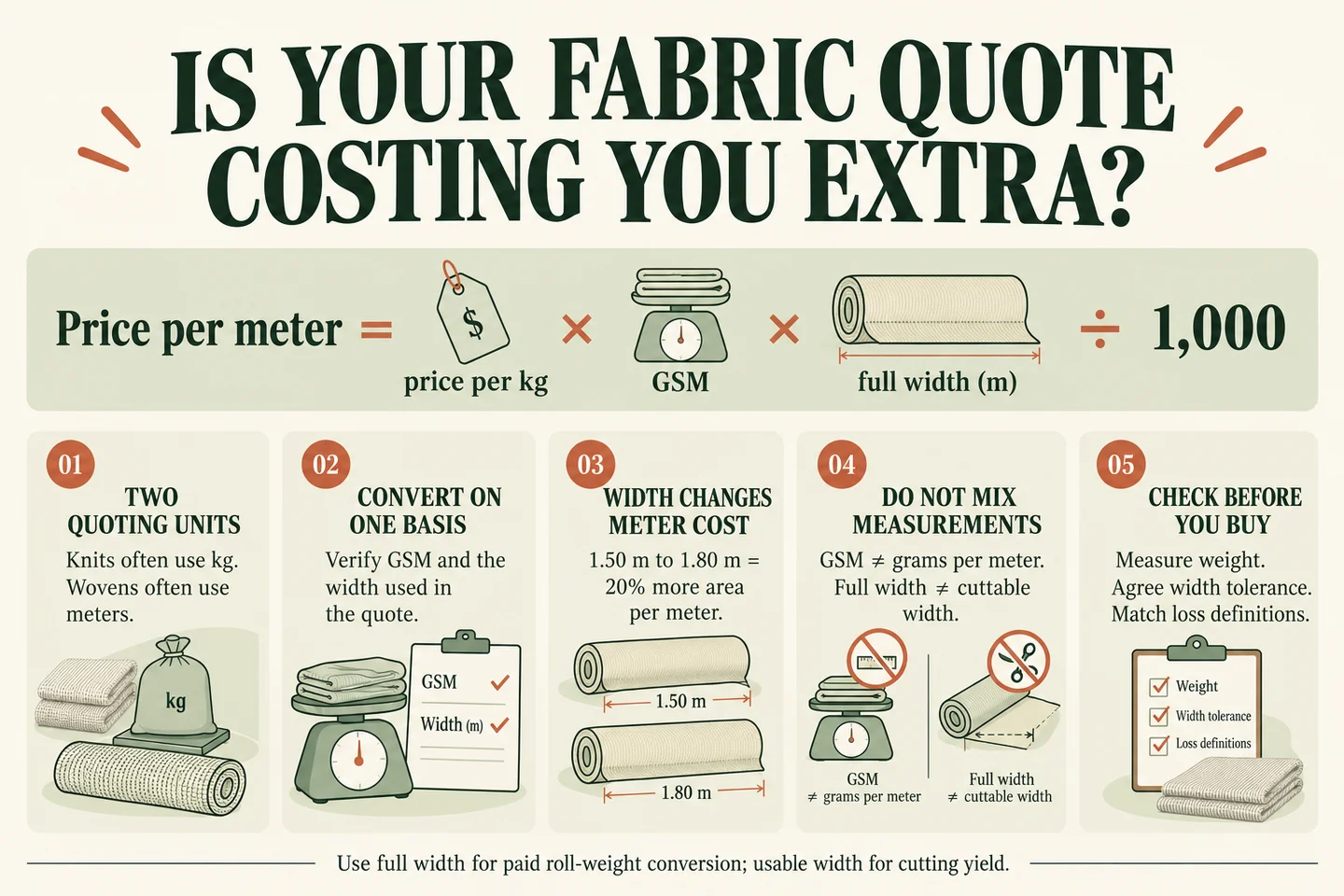 English fabric pricing infographic showing kilogram-to-meter conversion, width effects and five checks for transparent supplier quotes