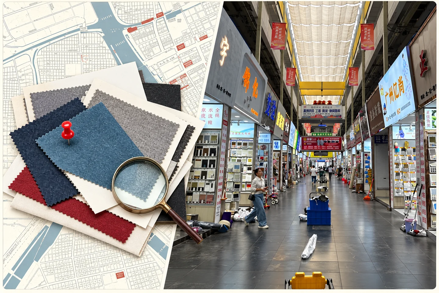 Fabric swatches and magnifying glass alongside a Keqiao textile market aisle with Chinese shop signs