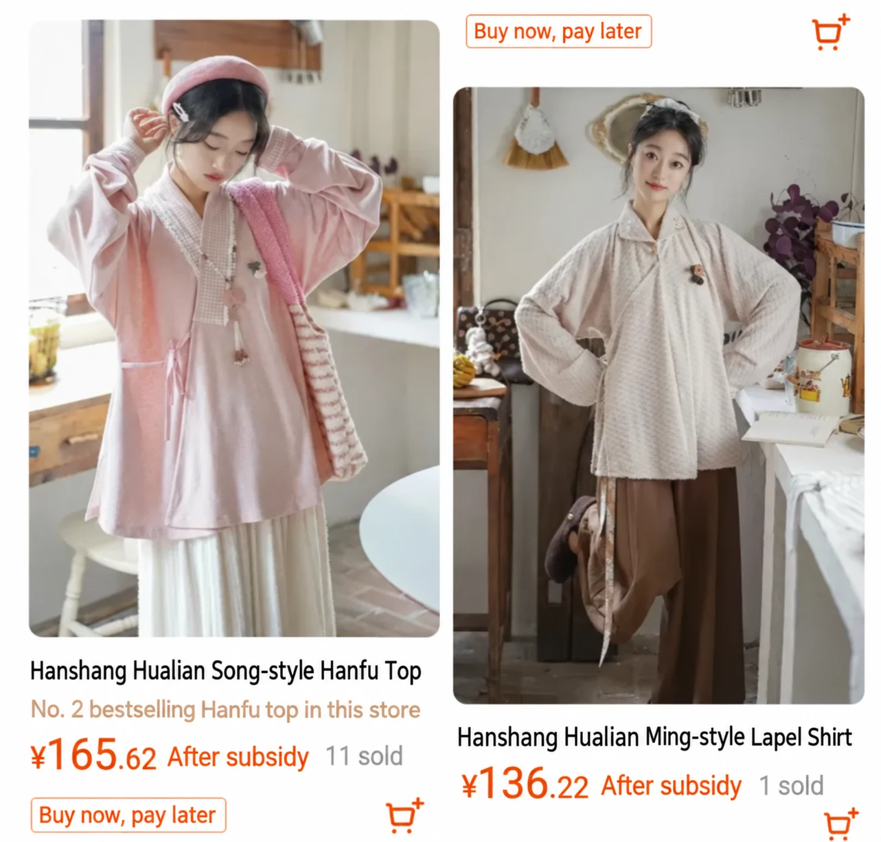 Hanshang Hualian Hanfu product listings with English labels and prices of 165.62 and 136.22 RMB
