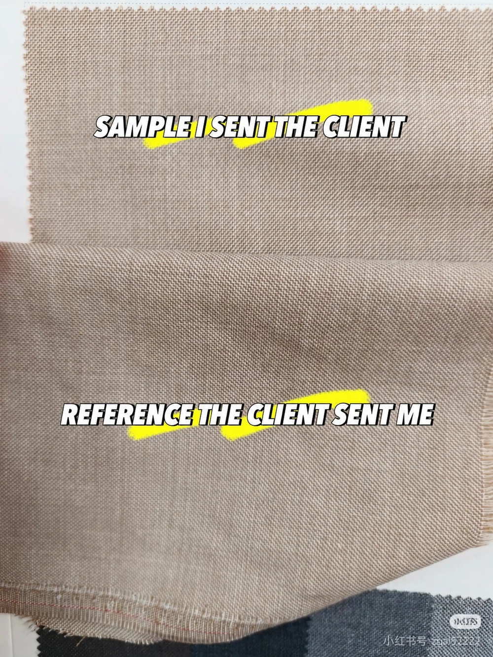 Comparison of a beige fabric sample sent to a client and the reference fabric supplied by the client