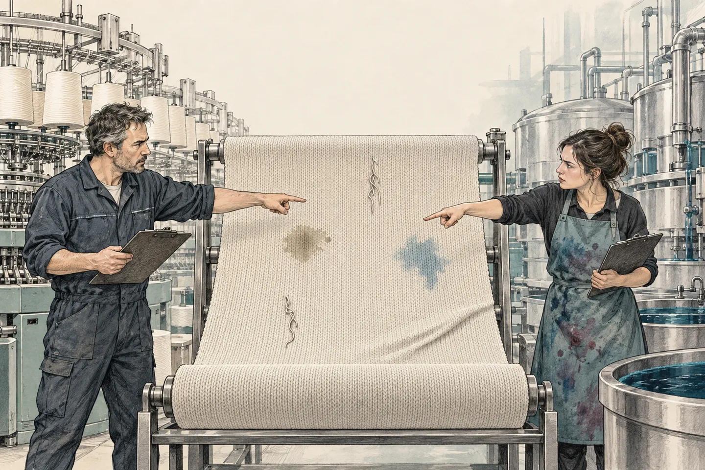 Sketch comic of a knitting mill technician and a dyehouse technician pointing at defects in a knitted fabric roll