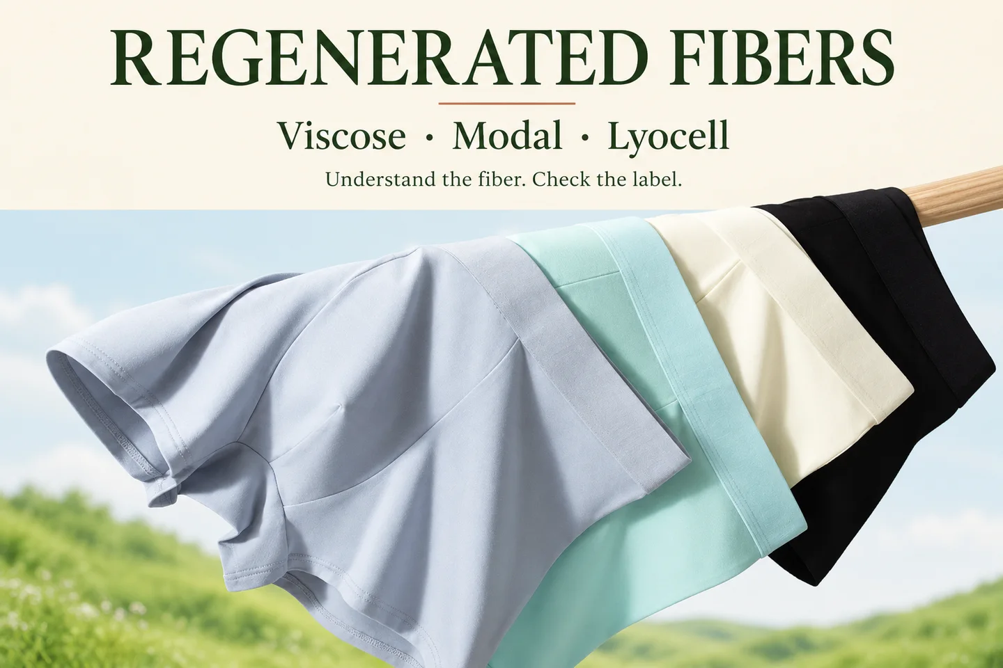 Regenerated fibers article cover showing light blue, mint, cream and black boxer briefs with the words Viscose, Modal and Lyocell