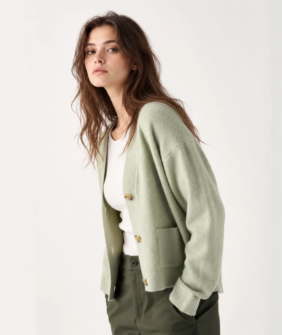 Adult white female model wearing a pale sage green soft knitted cardigan over a white top with olive trousers