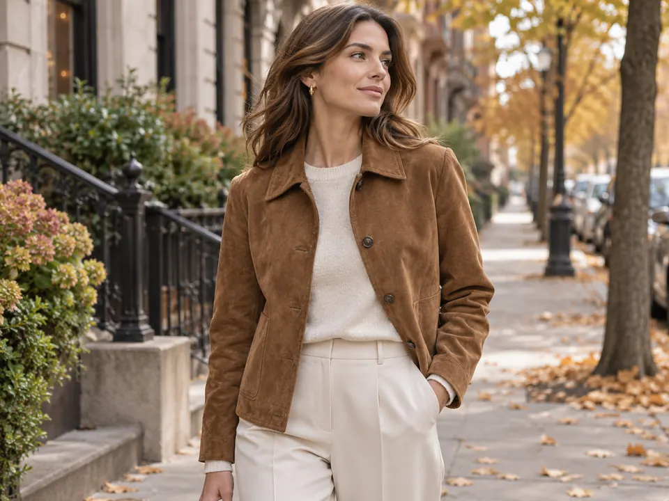 Woman wearing a camel suede-finish jacket on an autumn street