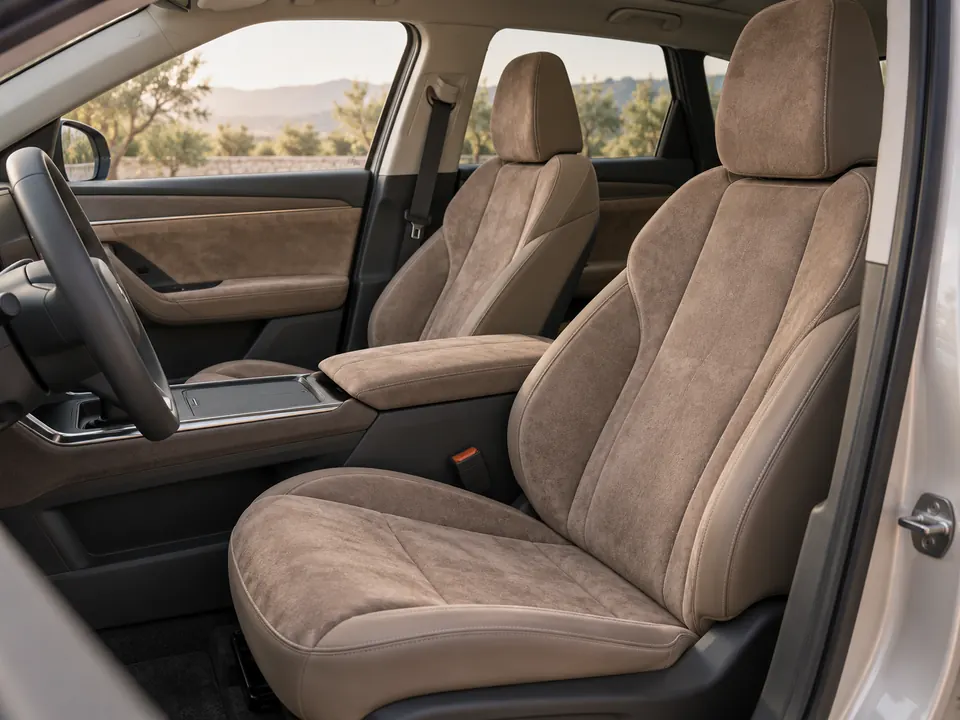 Modern car cabin with suede-like microfiber seat and door inserts