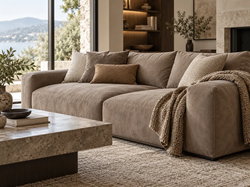 Warm taupe suede-like upholstered sofa in a living room